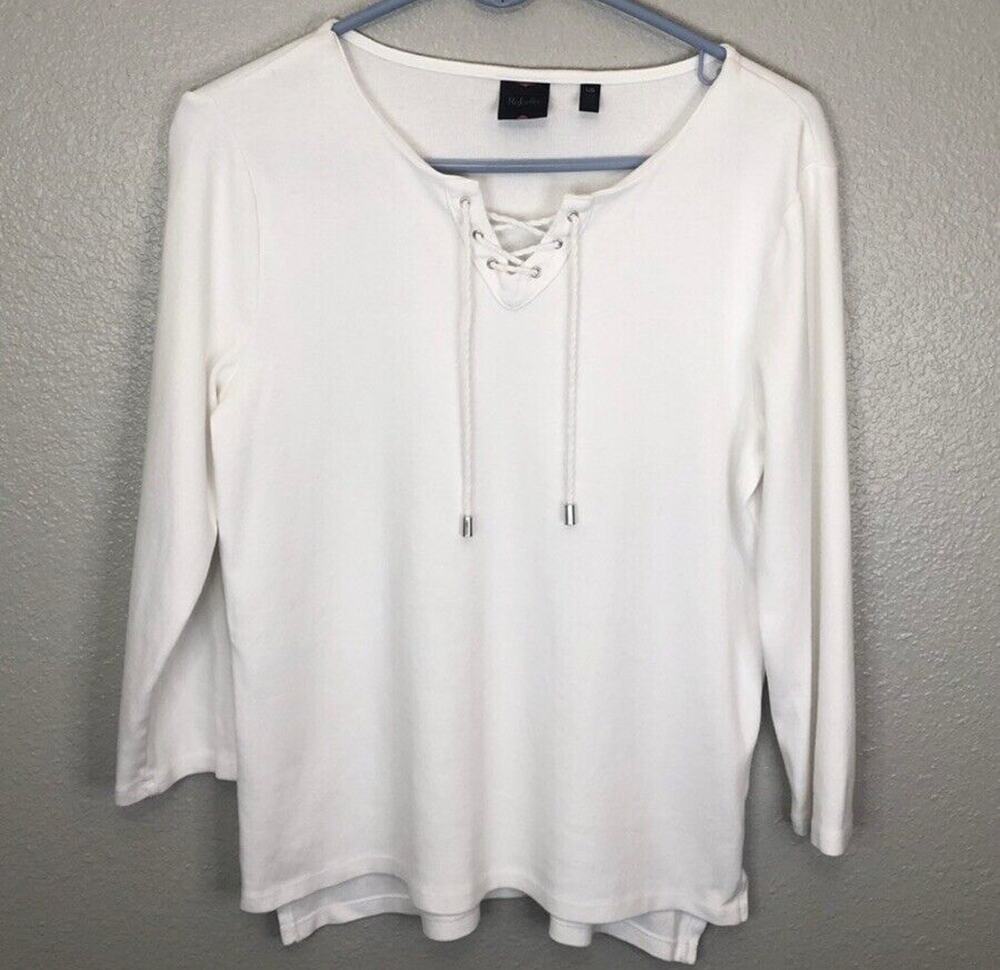 Rafaella Size Large White Criss Cross Design 3/4 Sleeves Drawstring Shirt Top